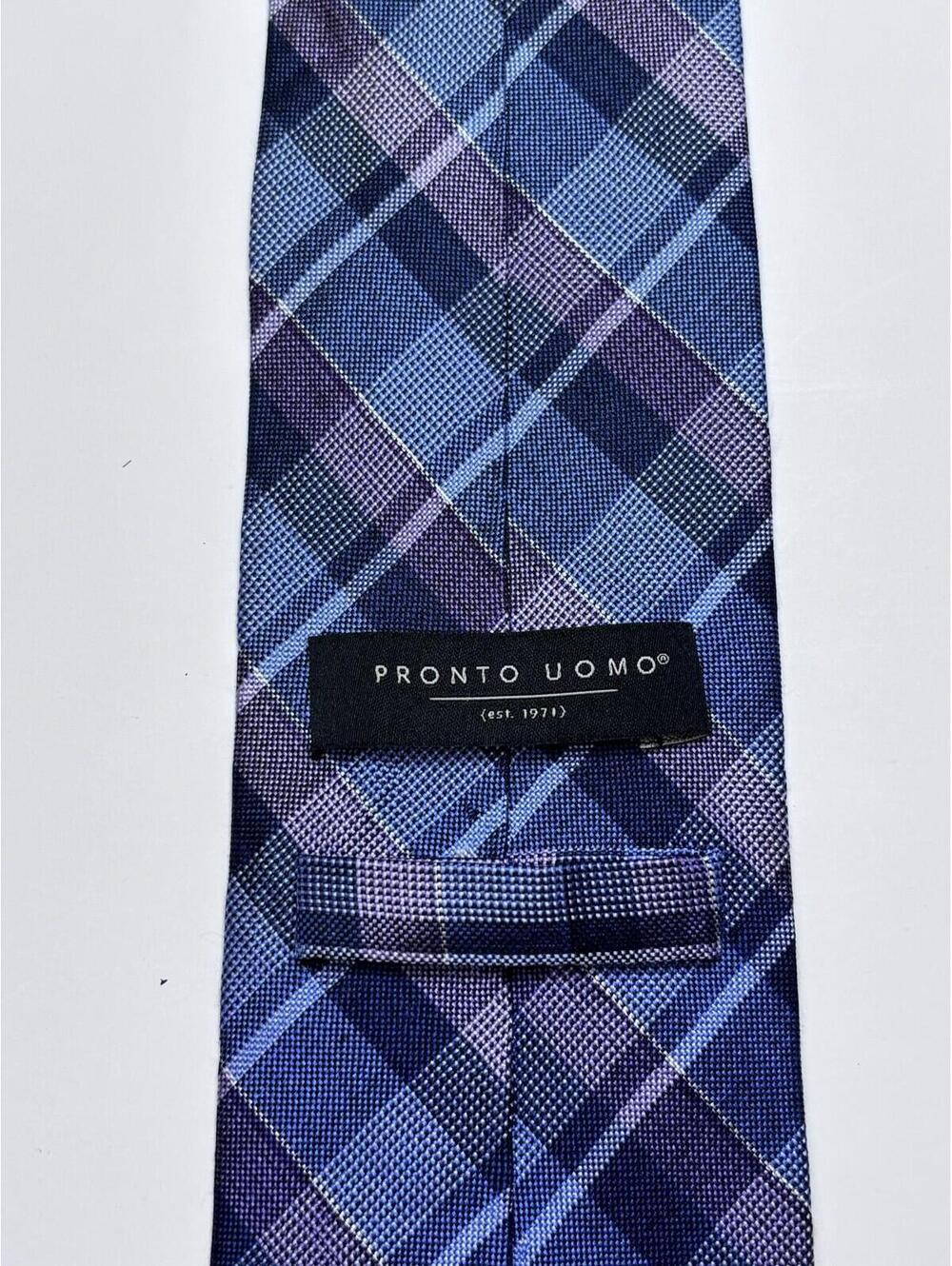 100%‎ Silk Pronto Uomo Tie Purple & Blue Plaid - Picture 3 of 4